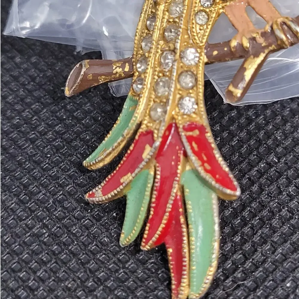 Vintage Parrot‎ Brooch Gold Tone Red Green Enamel Whimsical Animalcore
